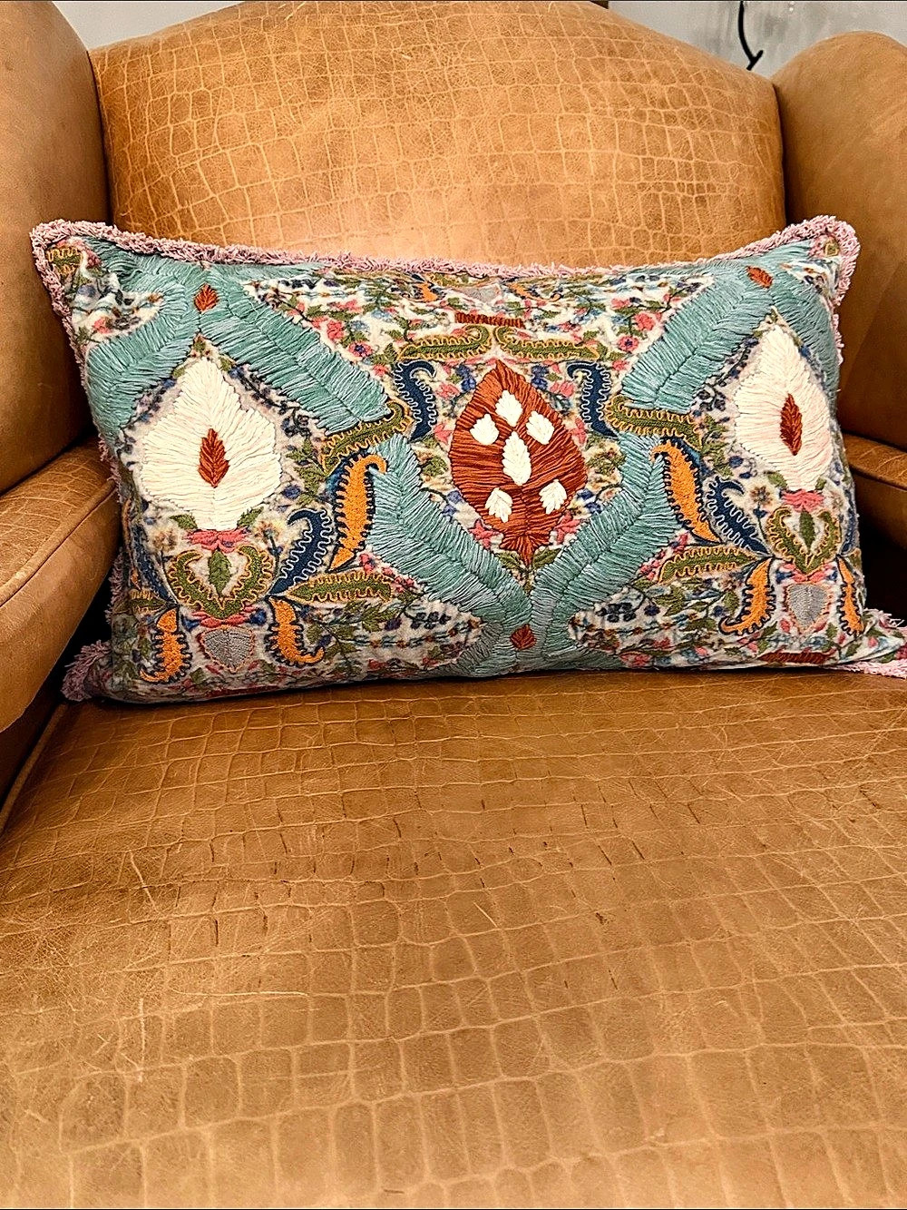 Pottery Barn Embroidered Floral Accent Pillow in Blue & Pink Like New